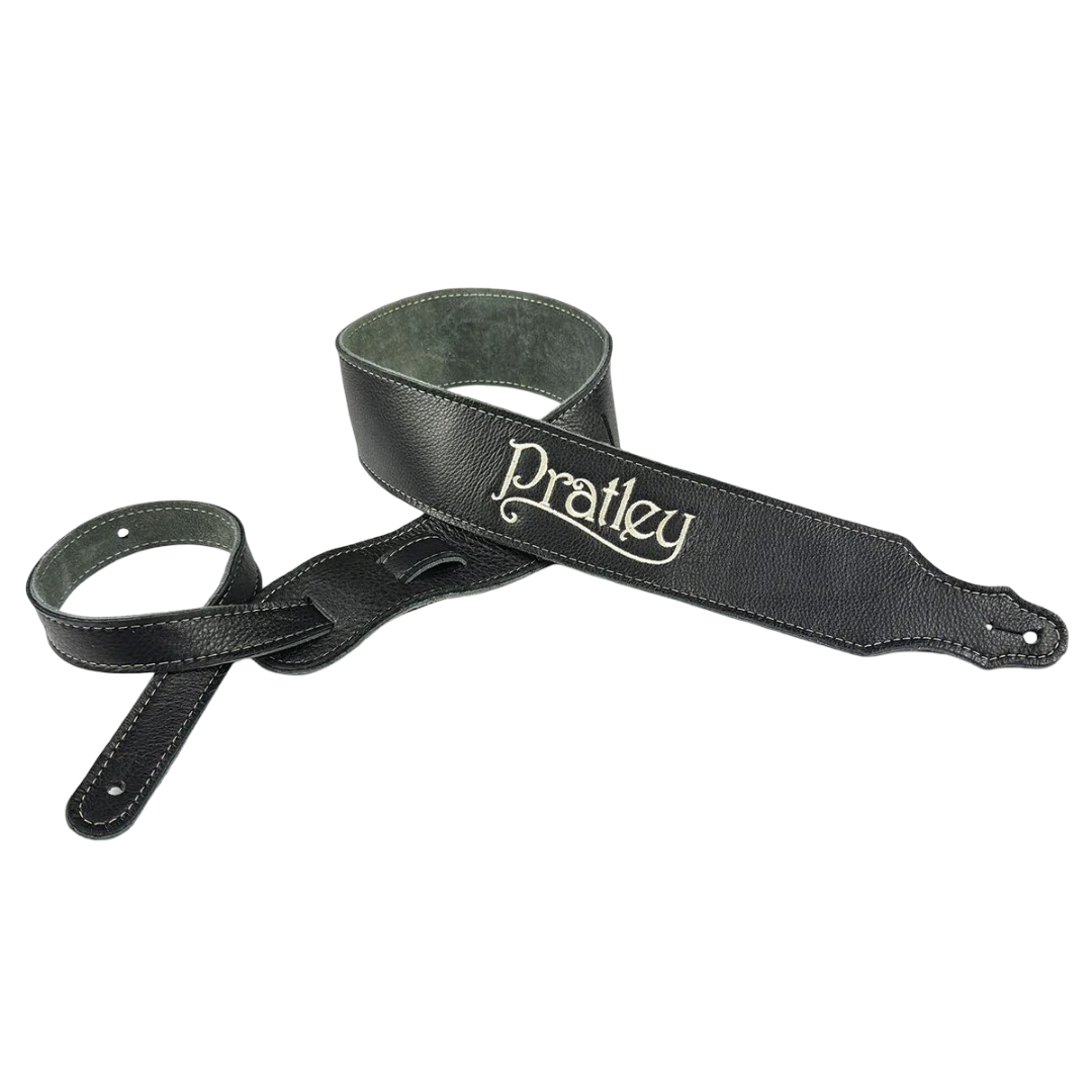 Pratley 2.5 Leather Guitar Strap w/Suede Back & Embroided Logo - Black