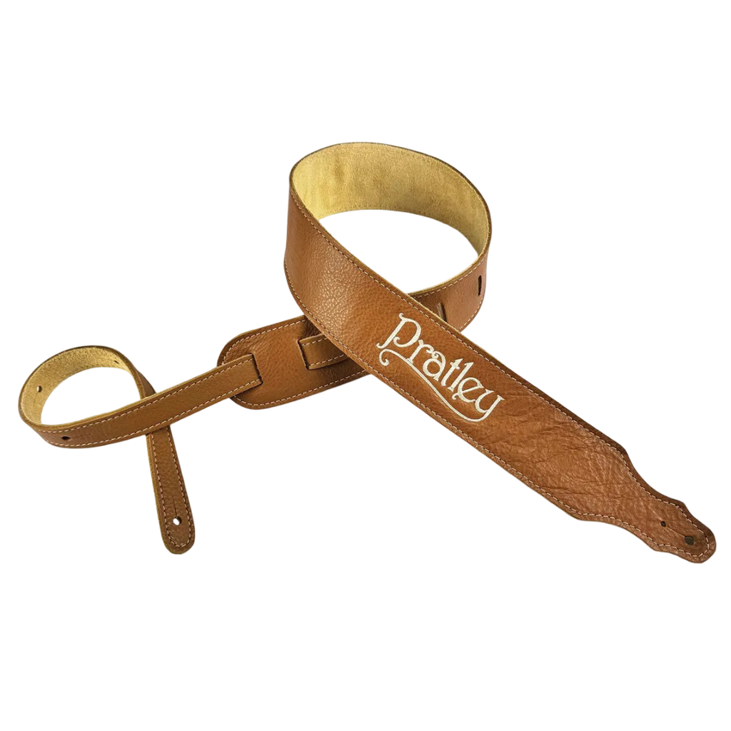Pratley 2.5 Leather Guitar Strap w/Suede Back & Embroided Logo - Caramel