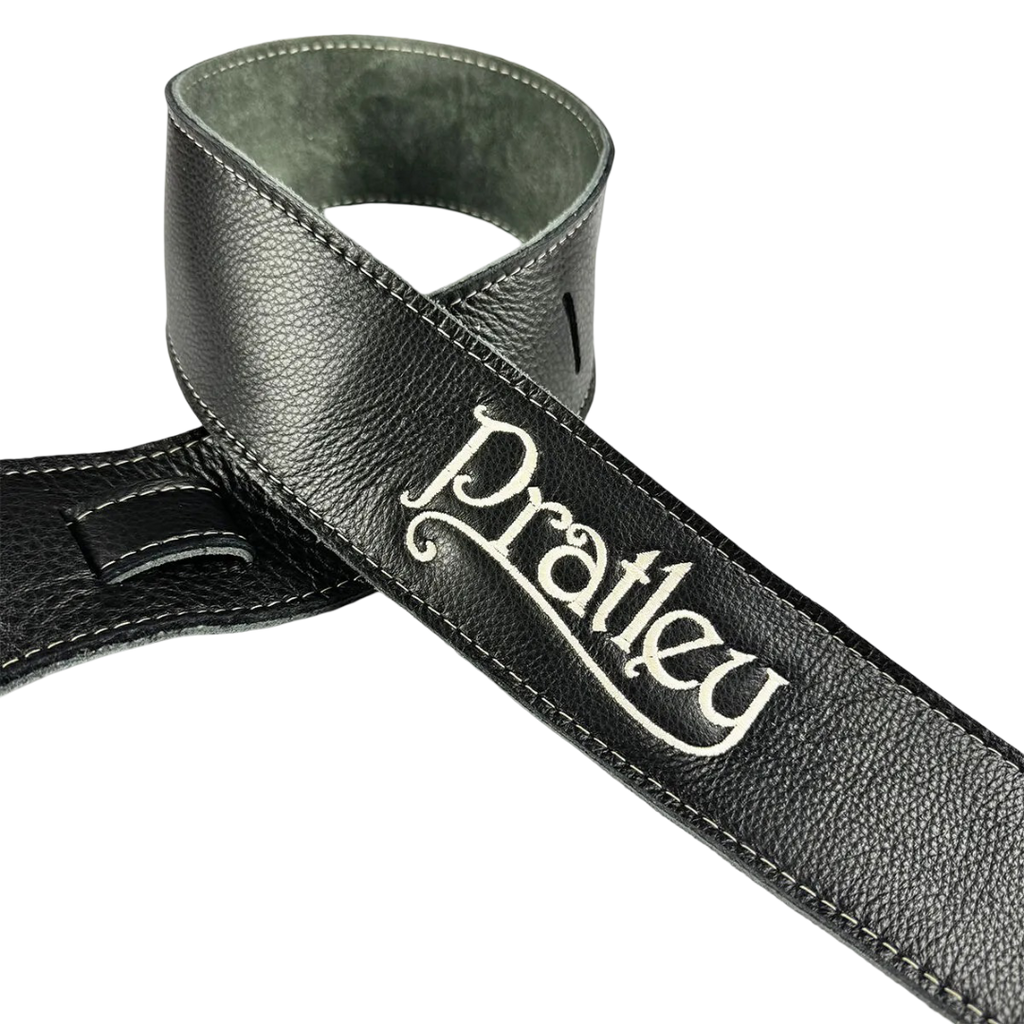 Pratley 2.5 Leather Guitar Strap w/Suede Back & Embroided Logo - Black