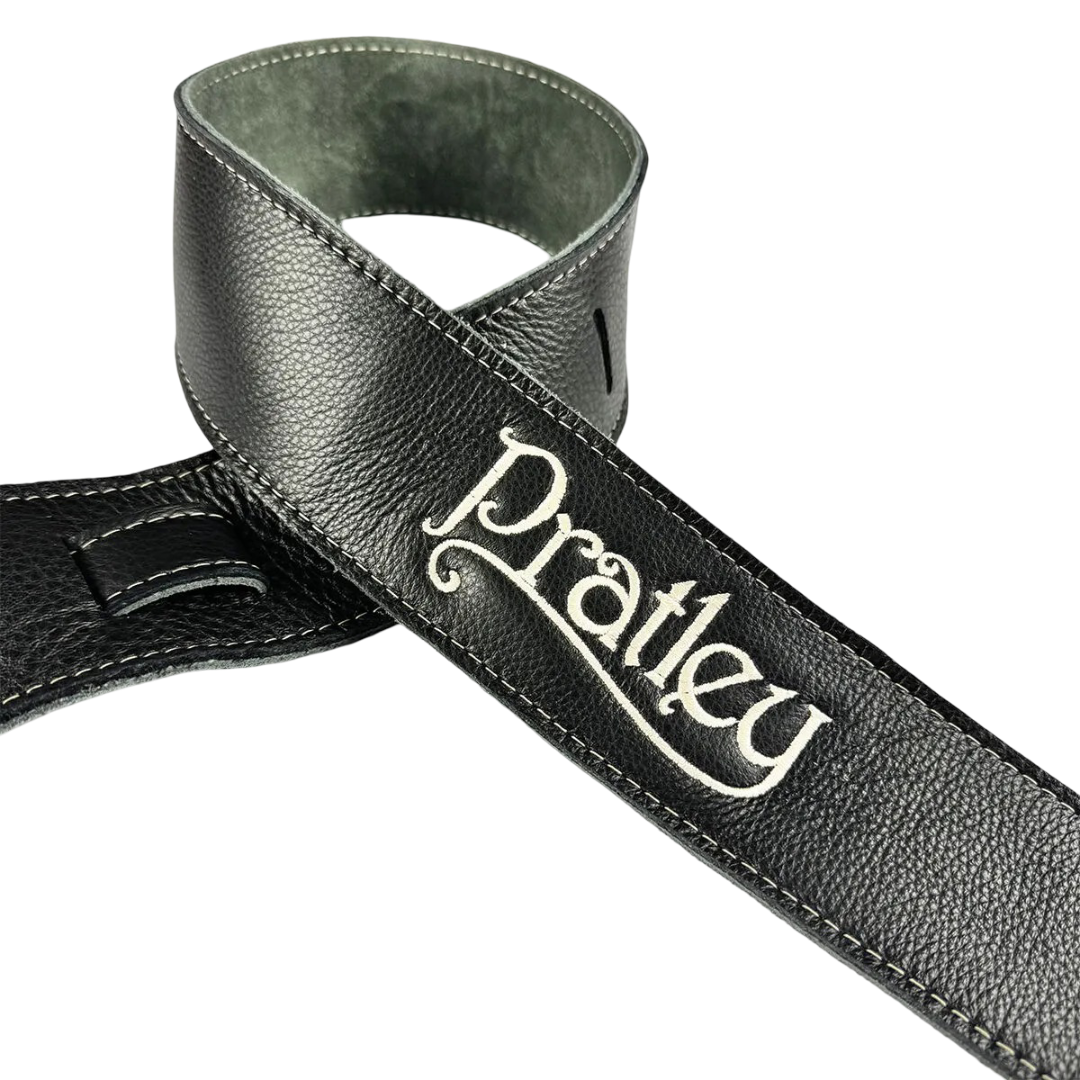 Pratley 2.5 Leather Guitar Strap w/Suede Back & Embroided Logo - Black