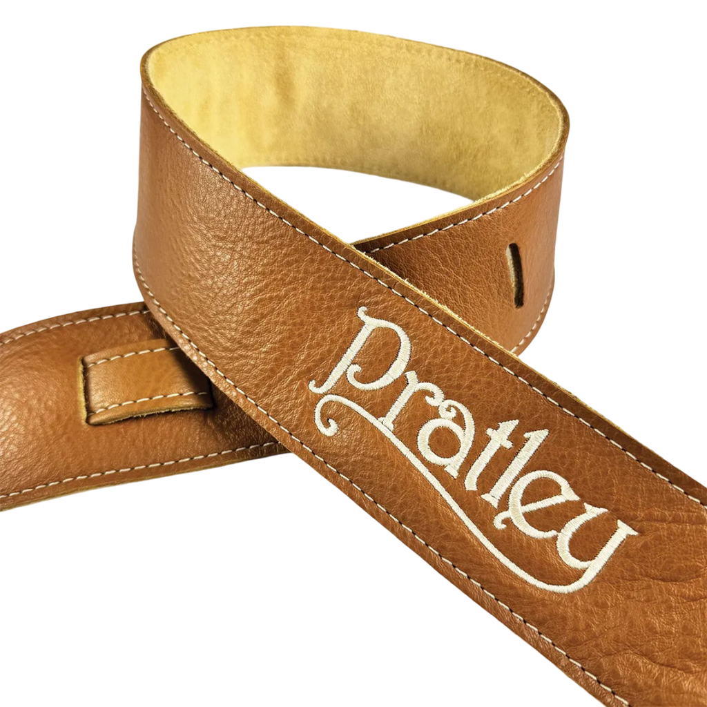 Pratley 2.5 Leather Guitar Strap w/Suede Back & Embroided Logo - Caramel