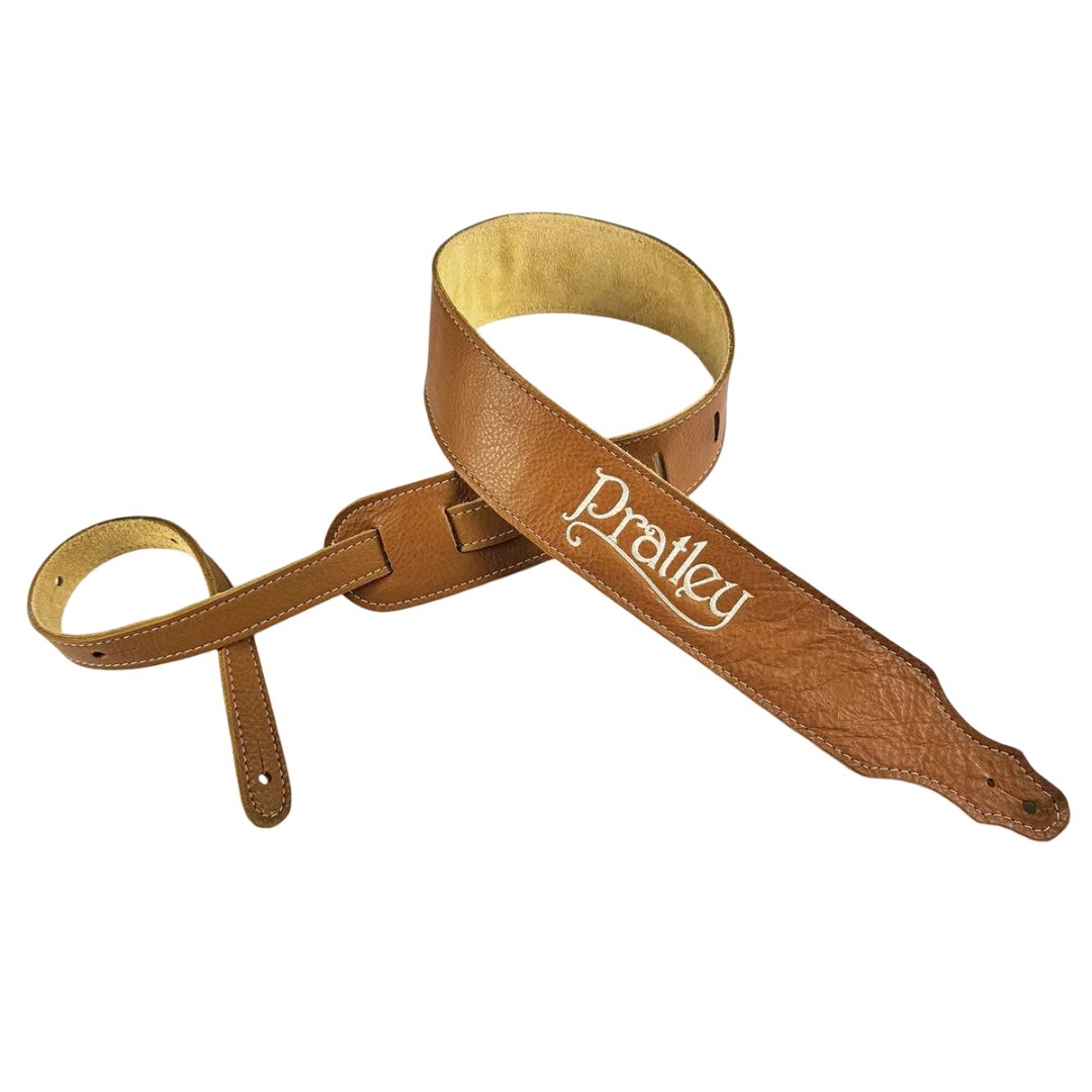 Pratley 2.5 Leather Guitar Strap w/Suede Back & Embroided Logo - Caramel