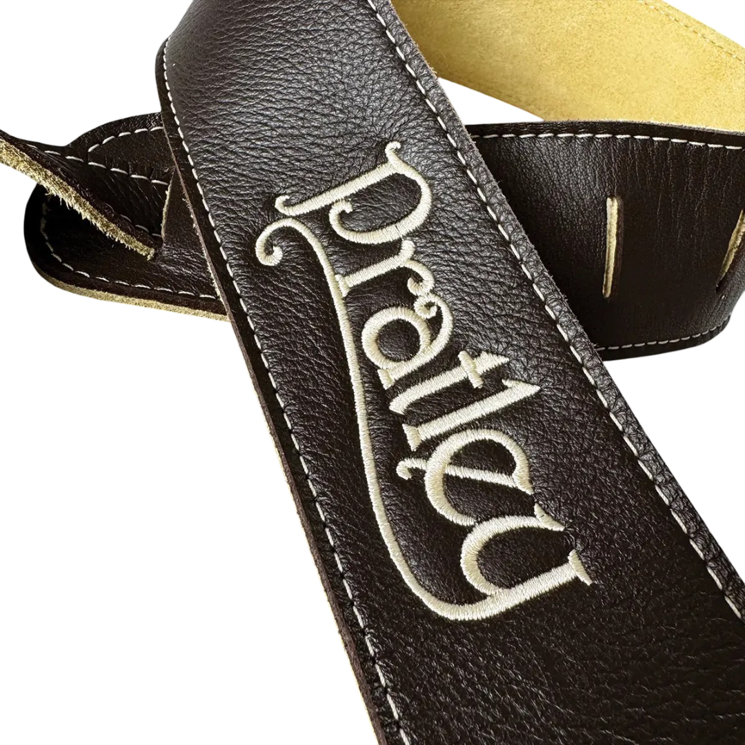 Pratley 2.5 Leather Guitar Strap w/Suede Back & Embroided Logo - Chocolate