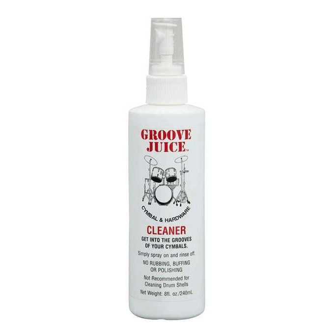 Groove Juice Cymbal and hardware cleaner spray bottle for drums, 240ml, with drum kit cymbals and hardware in background