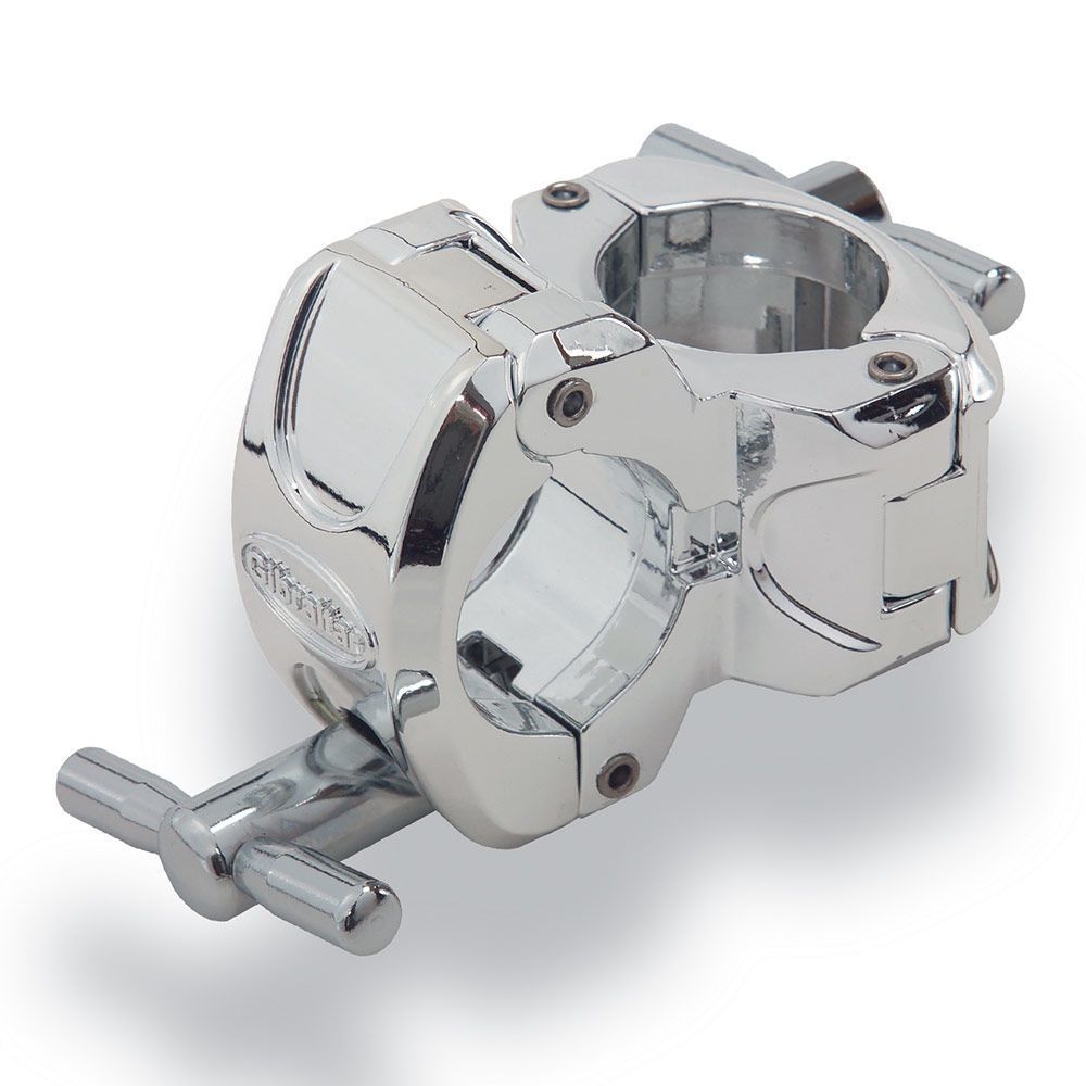 Gibraltar GSCGCRA Chrome Rack Series right angle clamp for drum hardware, showing its shiny chrome finish and sturdy metal construction.