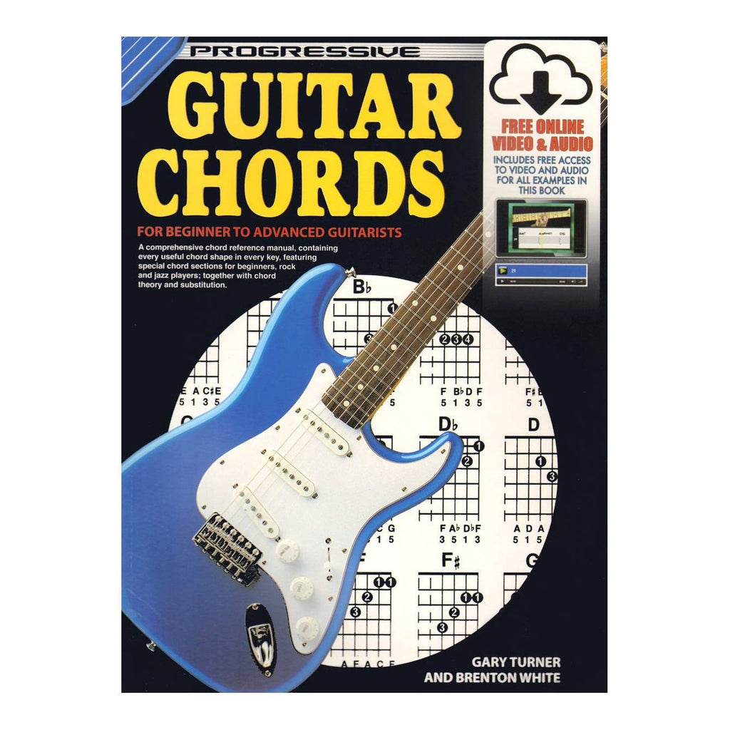 Progressive KPCHX guitar chords book from Learn To Play Books, with online media link, showing chord diagrams and instructional pages.