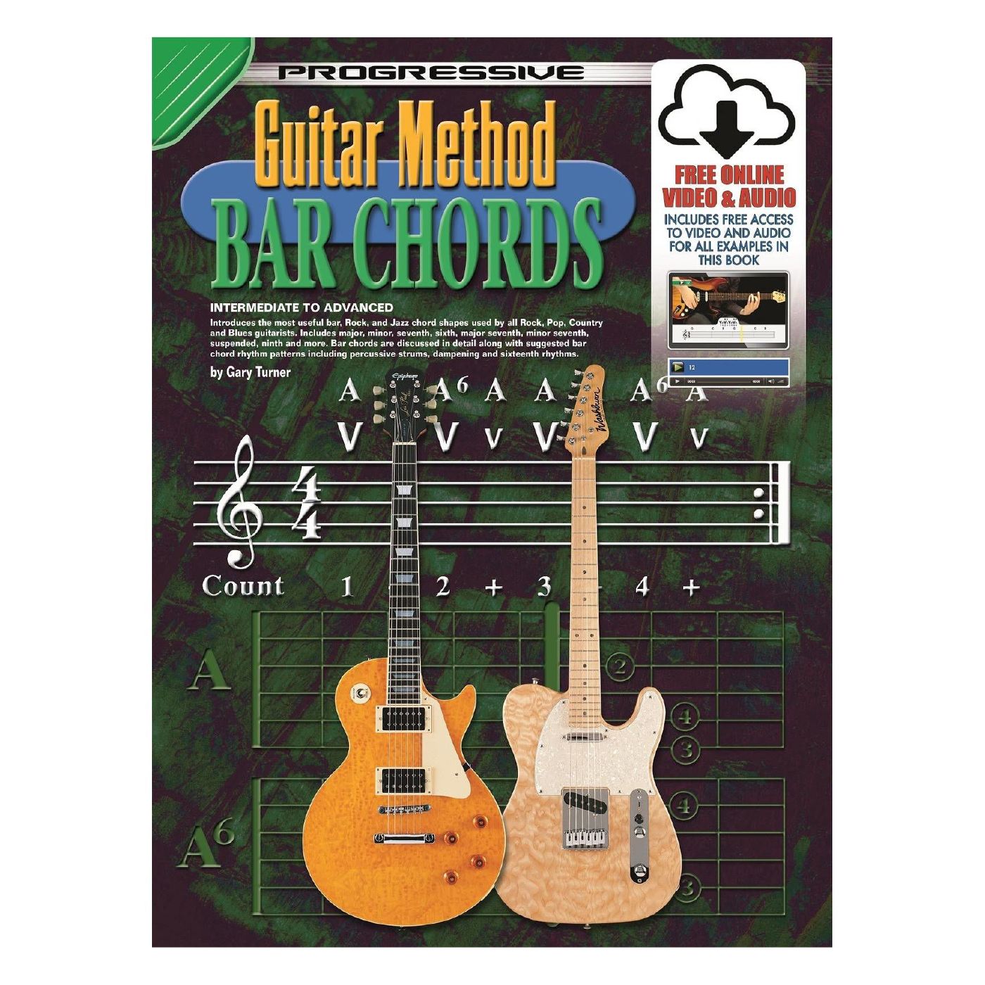 Progressive KPGMBCX guitar method book with bar chords, online videos, and audio for guitar learning and practice.