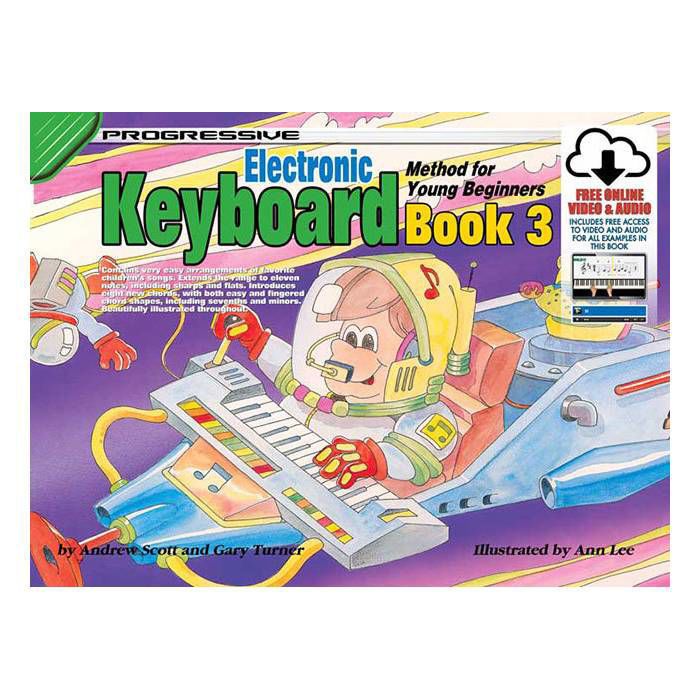 Progressive KPYE3X Keyboard Method Book 3 for young beginners, featuring piano exercises and online media resources.
