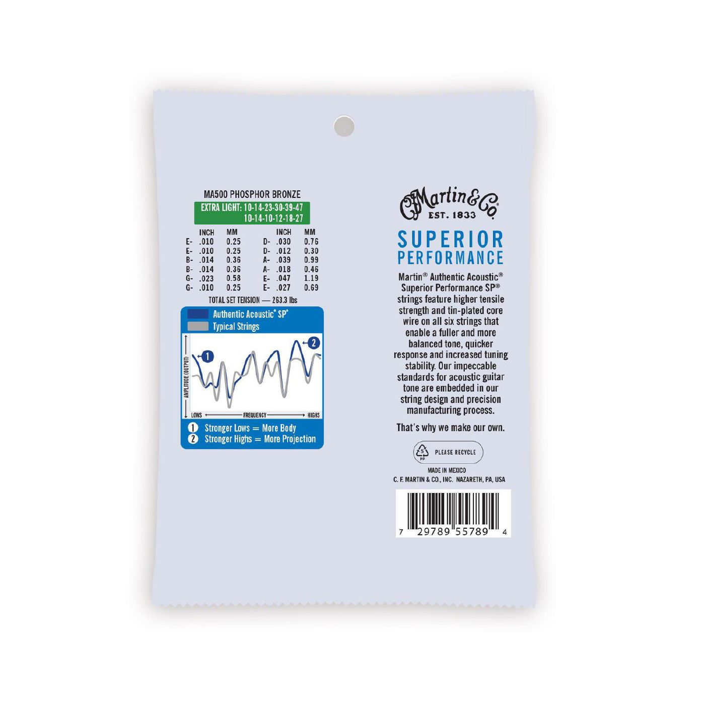 Martin MA500 Authentic 12-String Acoustic 10-47 Phosphor Bronze Extra Light Acoustic Guitar Strings - SP 92/8