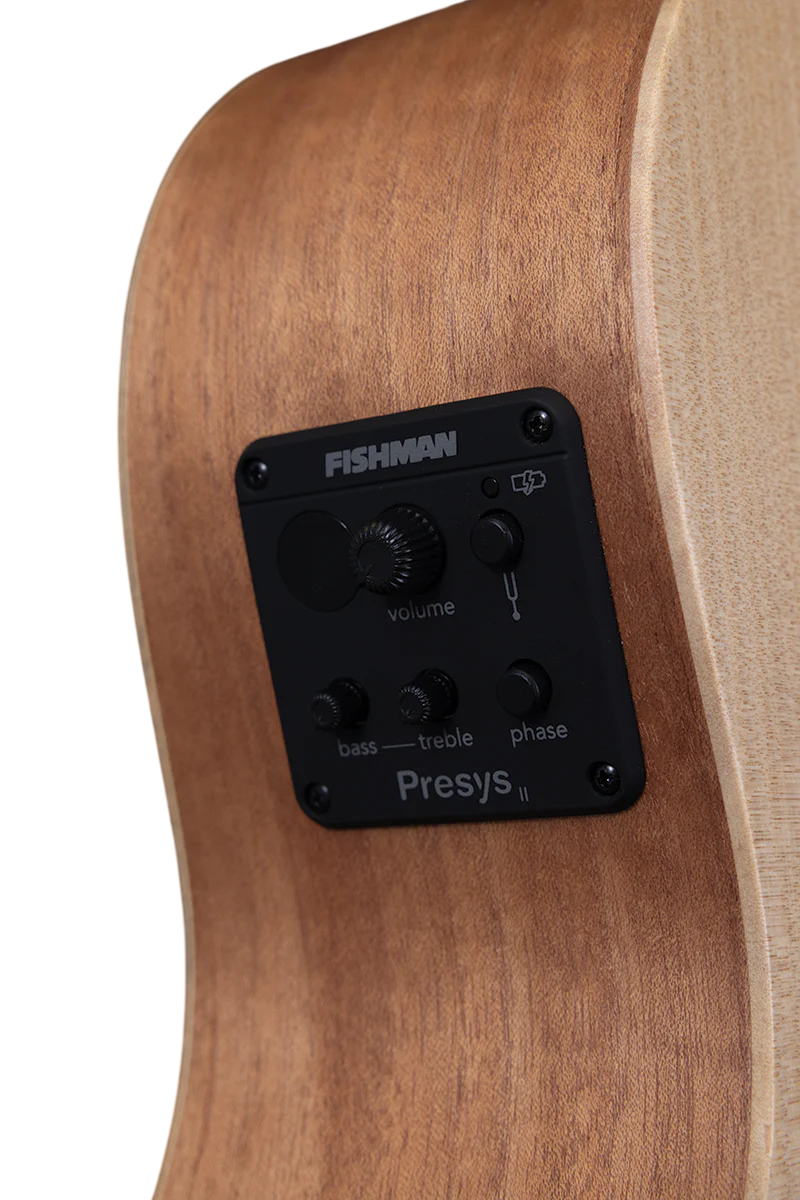 Pratley Orchestra cutaway acoustic guitar with pickup, featuring a maple and bunya wood body and a sleek, natural finish.