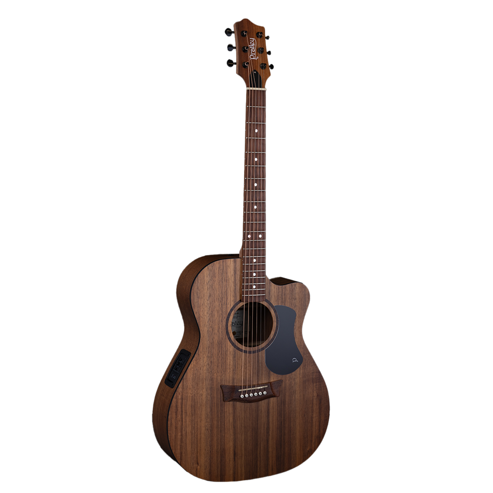 Pratley Orchestra cutaway acoustic guitar with pickup, blackwood back and sides, showing the black finish and detailed body design.