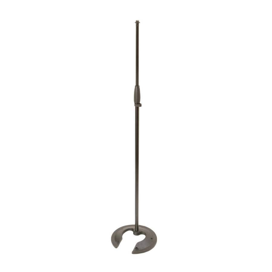 Black On-Stage MS7325 straight microphone stand with adjustable height and stackable weight base for stable support.