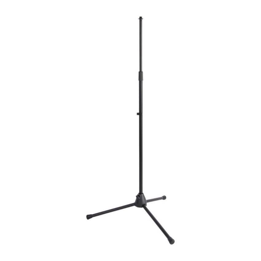 Black On-Stage MS7700B straight microphone stand with adjustable height and sturdy base, designed for professional stage use.