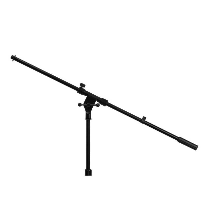 Black On-Stage MS7701B boom microphone stand with adjustable arm and sturdy base, suitable for professional audio setups.