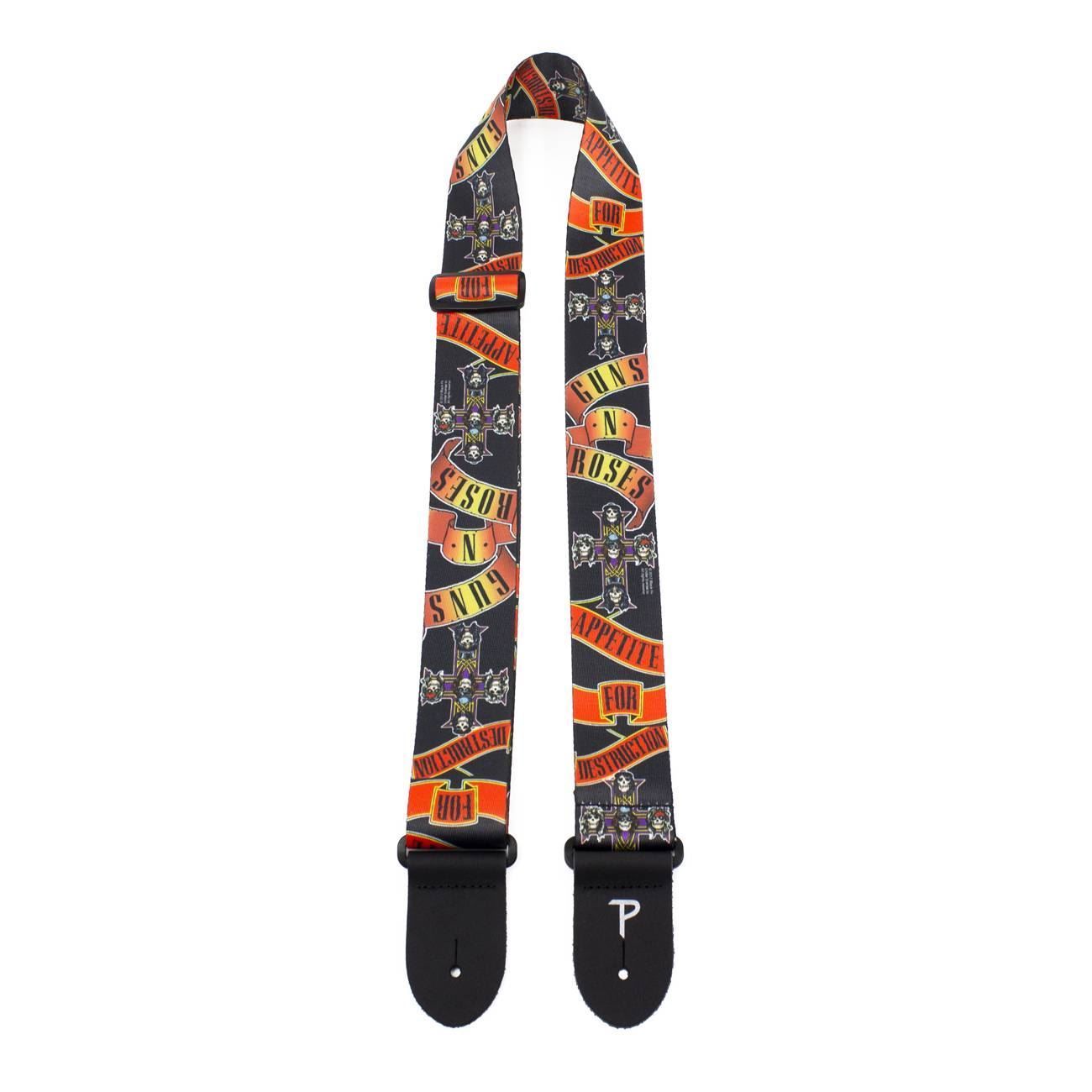 Perris PS6013 2-inch polyester Guns N' Roses licensed guitar strap with band logo and adjustable length for electric and acoustic guitars.