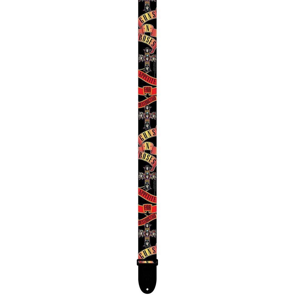 Perris PS6013 2-inch polyester Guns N' Roses licensed guitar strap with band logo and adjustable length for electric or acoustic guitars.