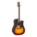 Takamine G50 series cutaway dreadnought acoustic guitar with pickup, brown sunburst gloss finish, showcasing the body and fretboard.