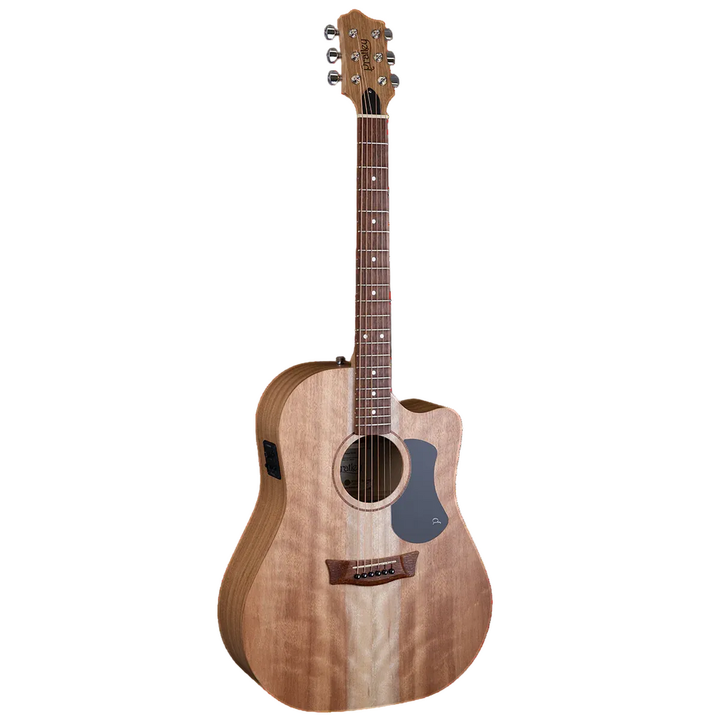 Pratley Dreadnought cutaway acoustic guitar with pickup, layered maple top and solid bunya back, shown from front perspective.