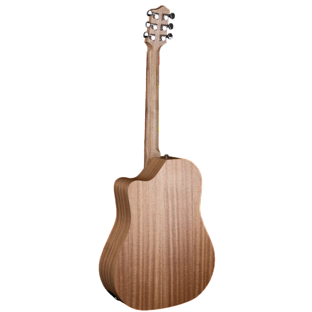 Pratley Dreadnought cutaway acoustic guitar with pickup, layered maple top and solid bunya back, shown with close-up of body and fretboard.