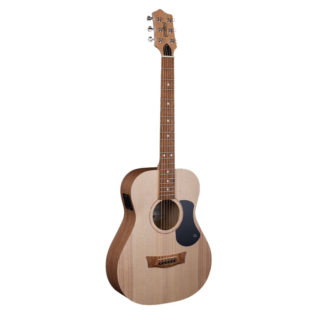 Pratley SL Mini Acoustic Guitar with pickup, featuring a maple back and sides and solid Bunya top, shown in natural finish.