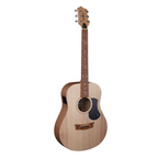 Pratley Stage acoustic guitar with layered Silky Oak top and solid Bunya back, featuring built-in pickup for amplified sound.