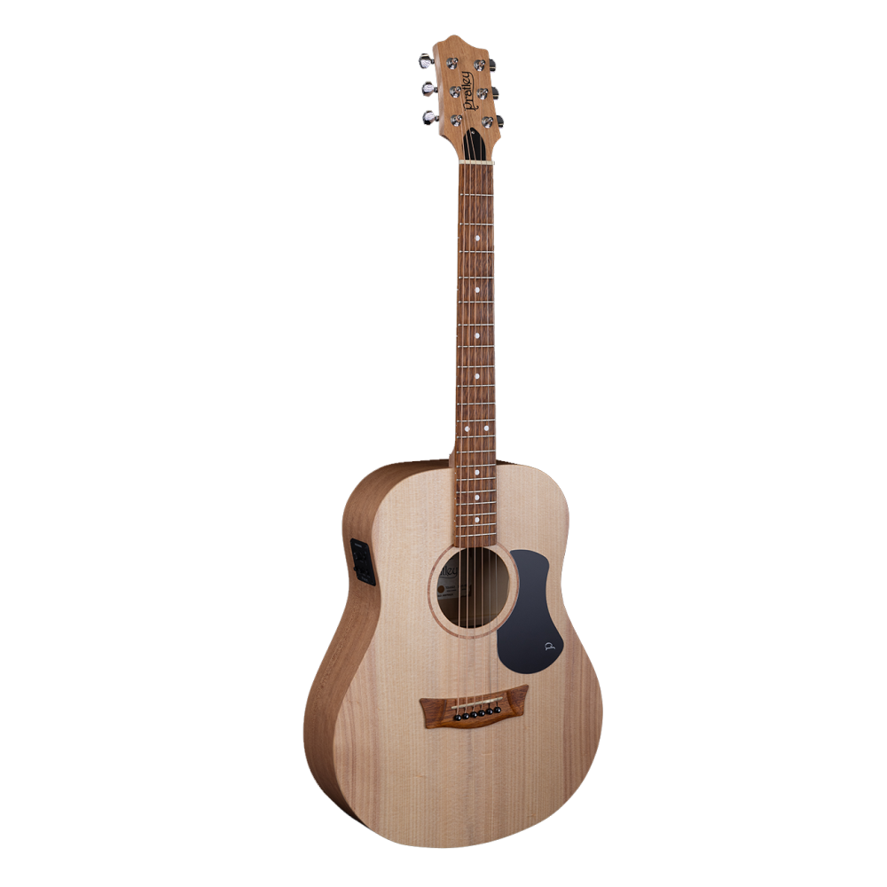 Pratley Stage acoustic guitar with layered Silky Oak top and solid Bunya back, featuring built-in pickup for amplified sound.