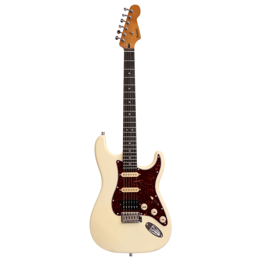 Patina PS-4-OW electric guitar featuring a Paulownia body, roasted maple neck, and Olympic White nitro finish.