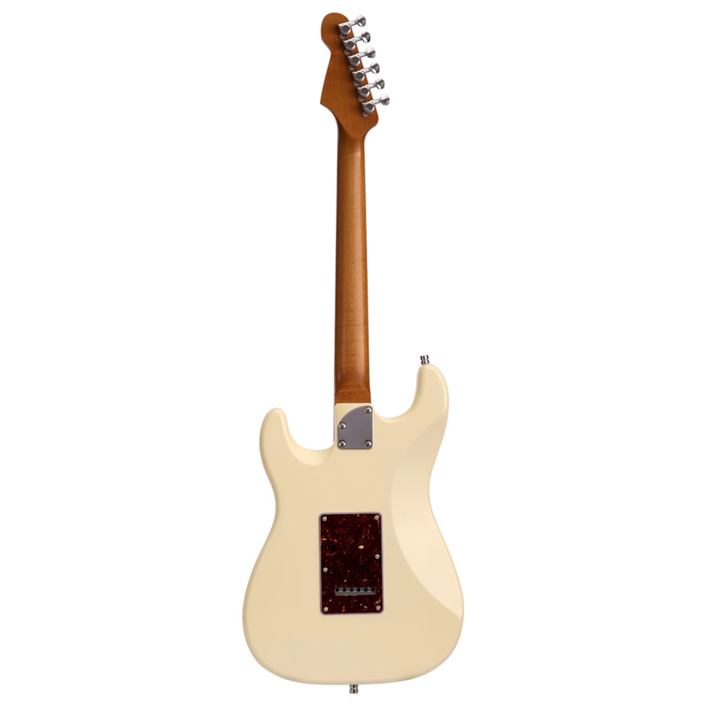 Electric guitar by Patina Guitars with Olympic White finish, Paulownia body, roasted maple neck, and nitro lacquer coating.