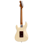 Electric guitar by Patina Guitars with Olympic White finish, Paulownia body, roasted maple neck, and nitro lacquer coating.