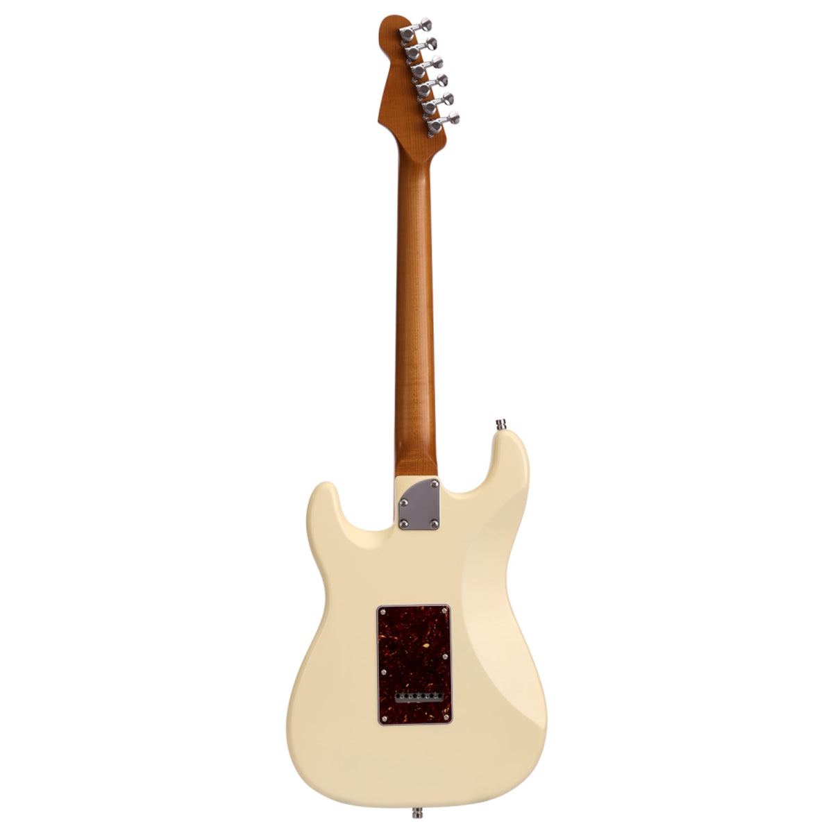 Electric guitar by Patina Guitars with Olympic White finish, Paulownia body, roasted maple neck, and nitro lacquer coating.