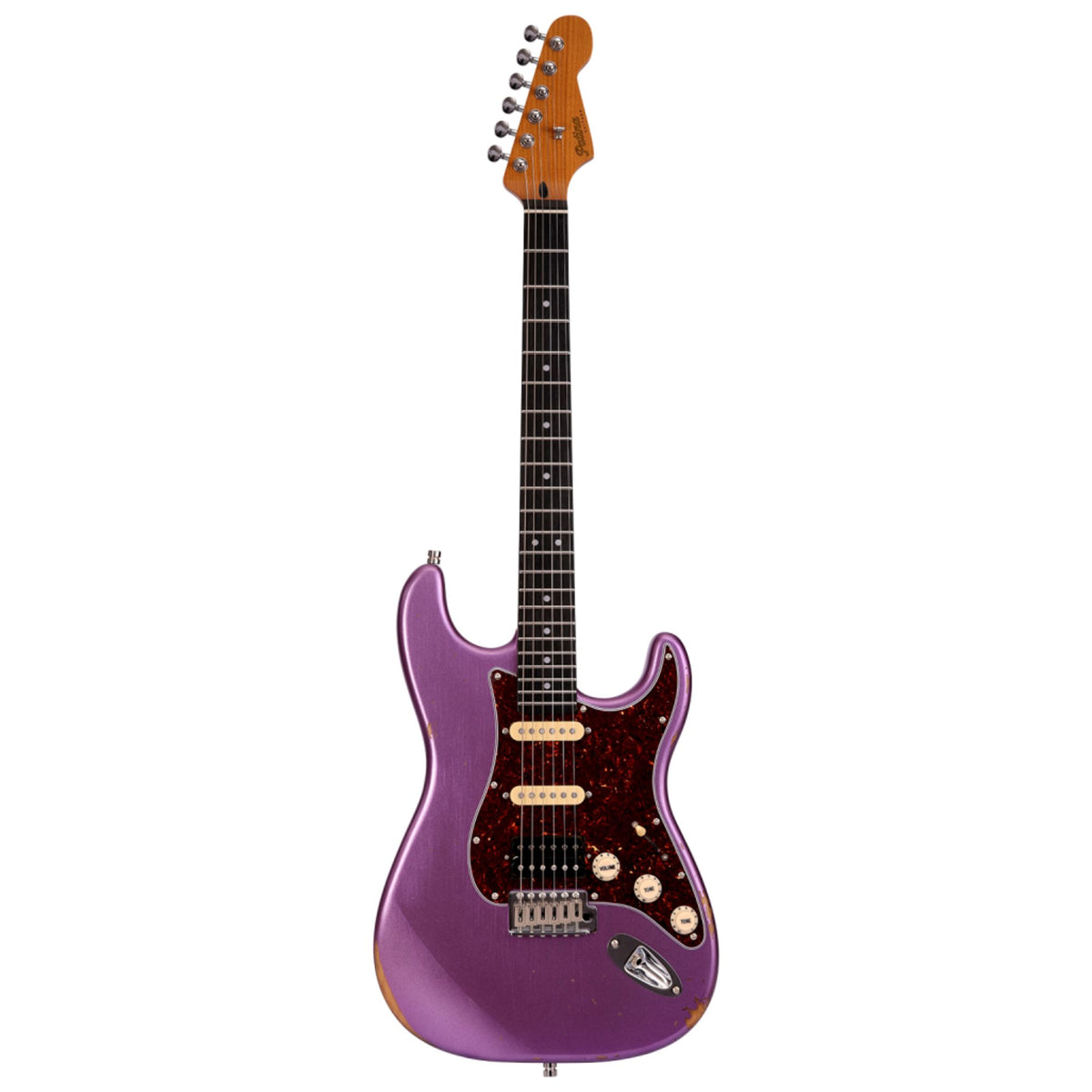 Patina Guitars PS-7-PP-HSS electric guitar with purple relic finish, featuring a Paulownia body and roasted maple neck.