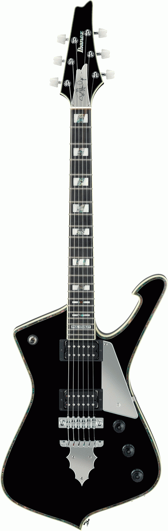 Ibanez PS10 Paul Stanley Signature electric guitar in black with hardcase, showcasing its sleek body and signature design details.