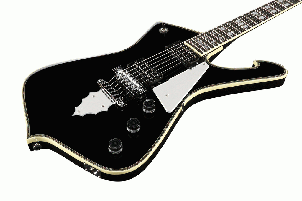 Ibanez PS10 Paul Stanley Signature electric guitar in black with hardcase, showcasing its sleek body and signature design.