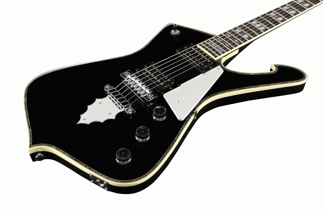Ibanez PS10 Paul Stanley Signature electric guitar in black with hardcase, showcasing its sleek body and signature design.