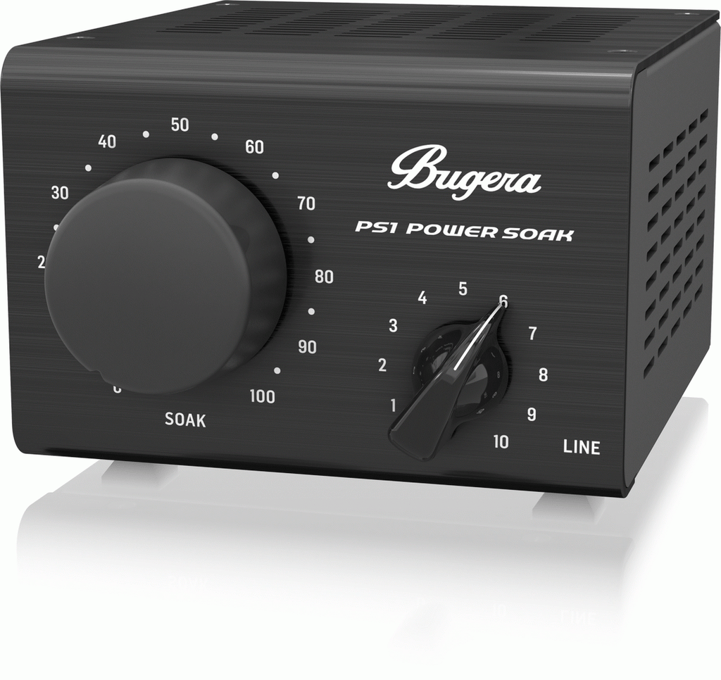 Bugera Power Soak PS1 guitar amplifier attenuator showing controls and connection ports on a black device.