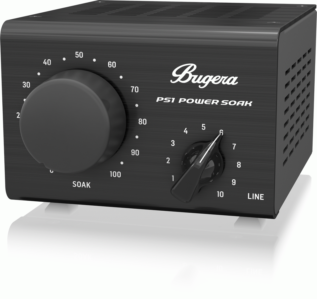 Bugera Power Soak PS1 guitar amplifier attenuator showing controls and connection ports on a black device.