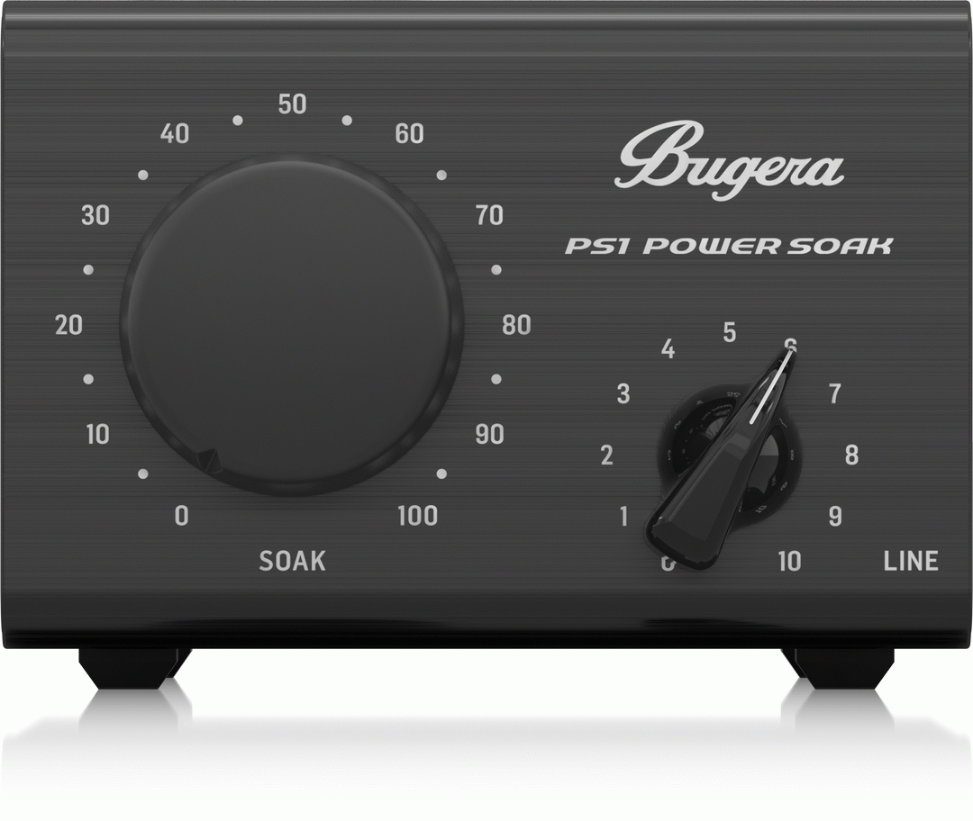 Bugera Power Soak PS1 guitar amplifier attenuation device showing control knobs and input jacks on a black panel.