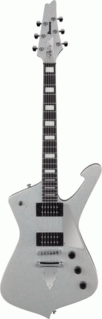Ibanez PS60 Paul Stanley Signature electric guitar in silver sparkle finish, showcasing its sleek body and distinctive design.