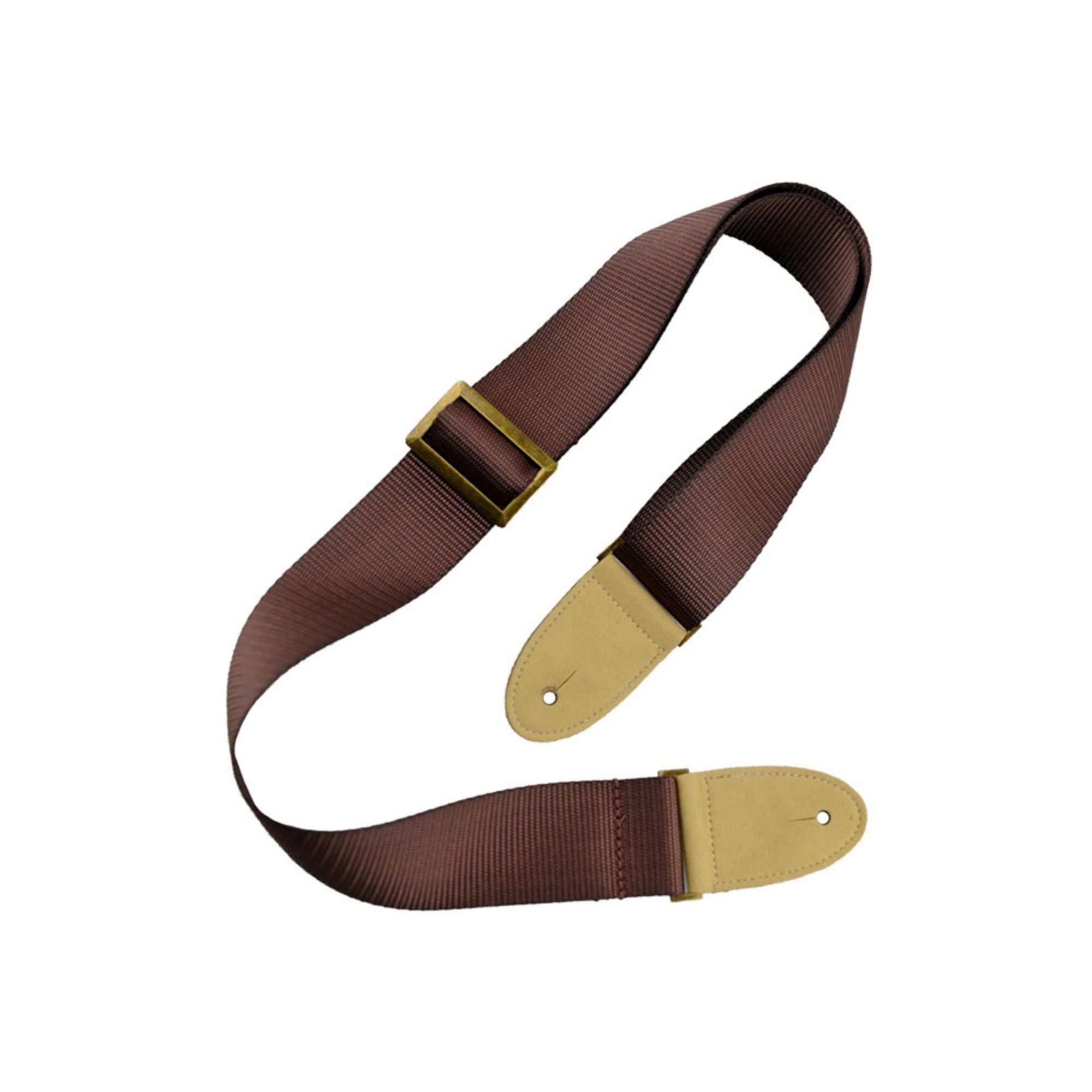 Perris 2-inch brown vegan guitar strap with adjustable leather ends, designed for comfortable support during playing.