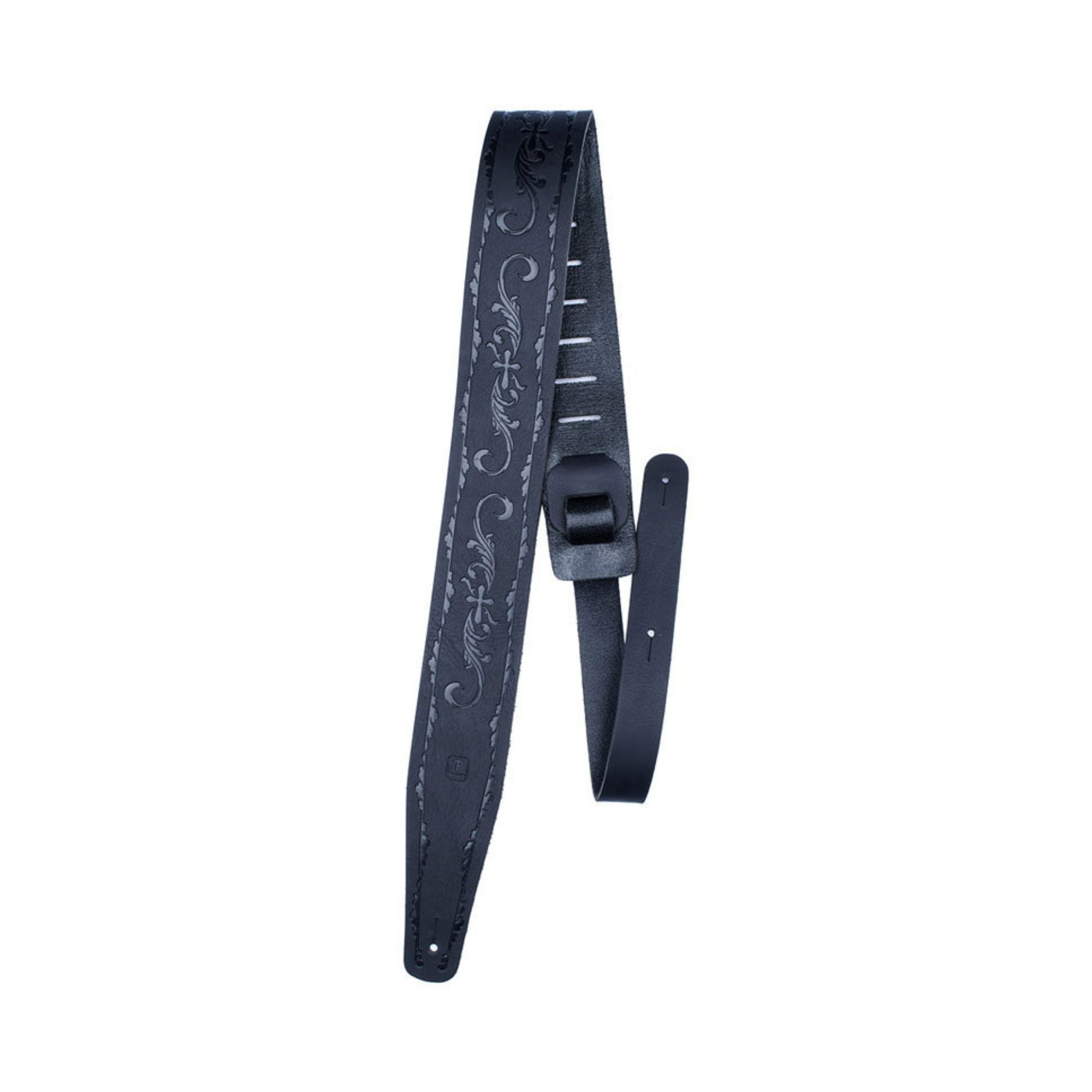 Black leather guitar strap by Perris, 2.5 inches wide, with adjustable strap and padded for comfort.