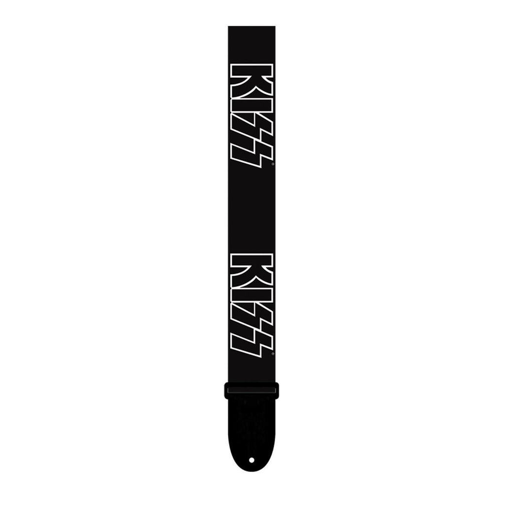 Perris 2-inch polyester guitar strap featuring KISS logo design, adjustable strap with reinforced ends for electric guitars.