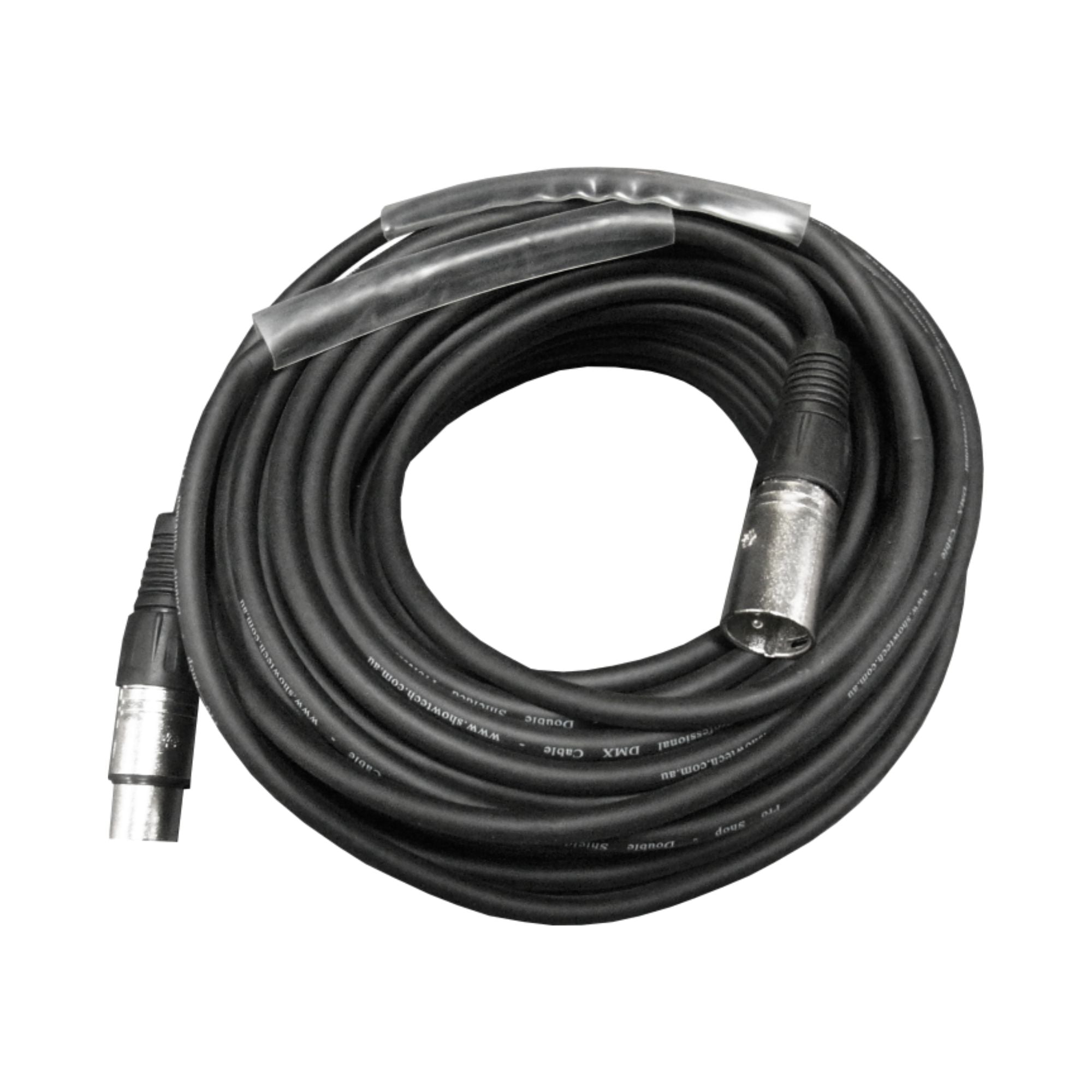 ShowPro DMX cable 20m with 3-pin connectors, used for professional lighting setups, shown with connectors and cable coiled.