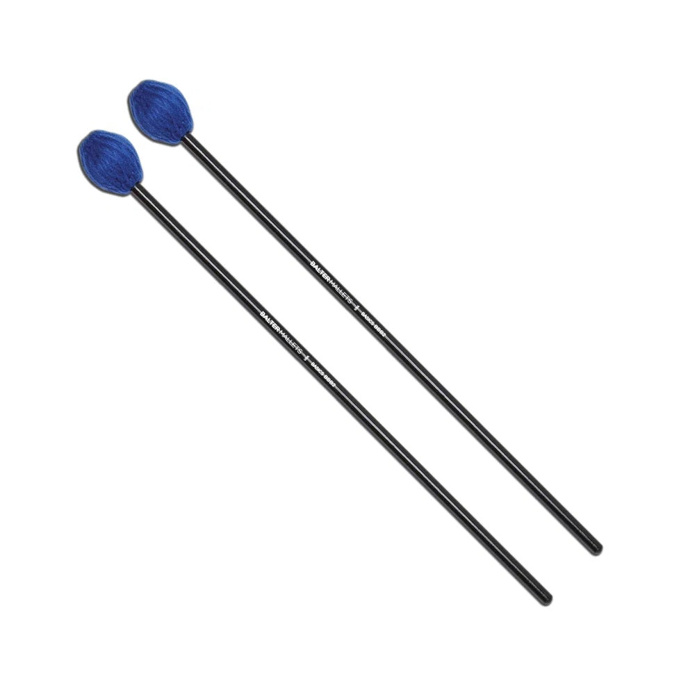 Mike Balter Blue Yarn Mallet M for marimba, showing a close-up of the blue yarn head and wooden handle.