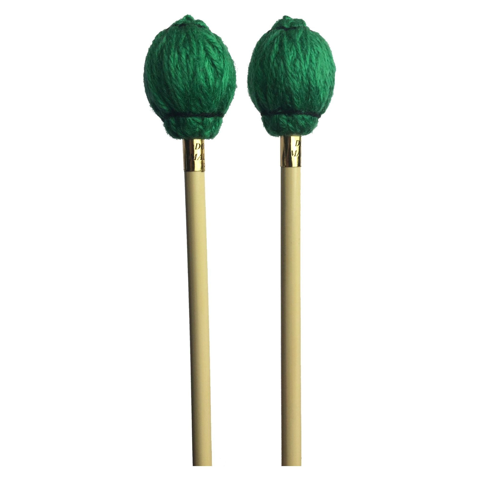 Dovey soft vibraphone and marimba mallet with green yarn and rattan handle, designed for musical percussion instruments.