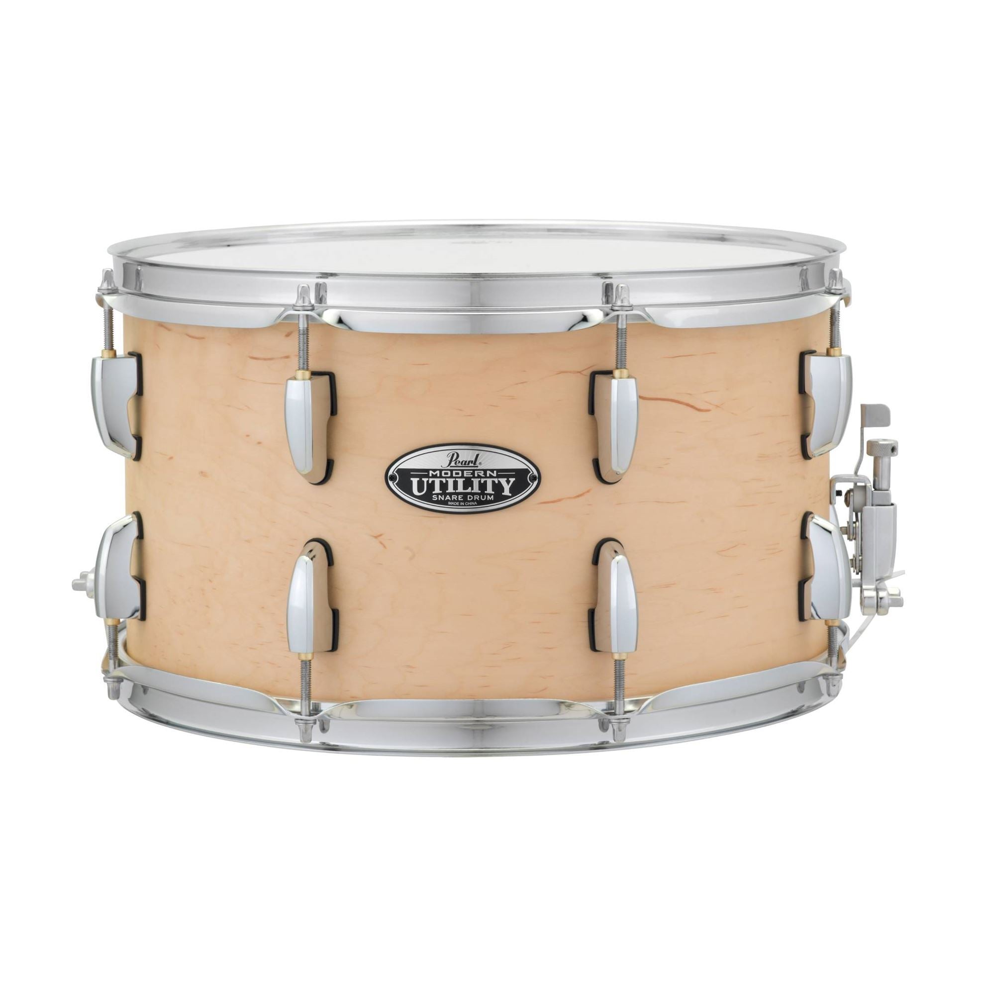 Pearl Pearl Modern Utility 14x8 Maple Snare Drum with matte natural finish, featuring a sleek and professional drum design.