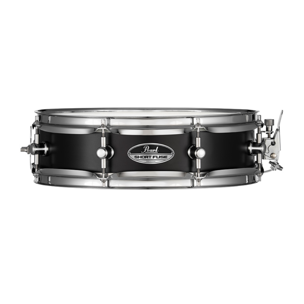 Pearl Pearl Snare Short Fuse 13x3.5 black steel snare drum with drumsticks and mounting hardware visible in the image.