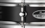 Pearl Pearl Snare Short Fuse 13x3.5 black steel snare drum with metal shell and drum hardware, close-up shot.