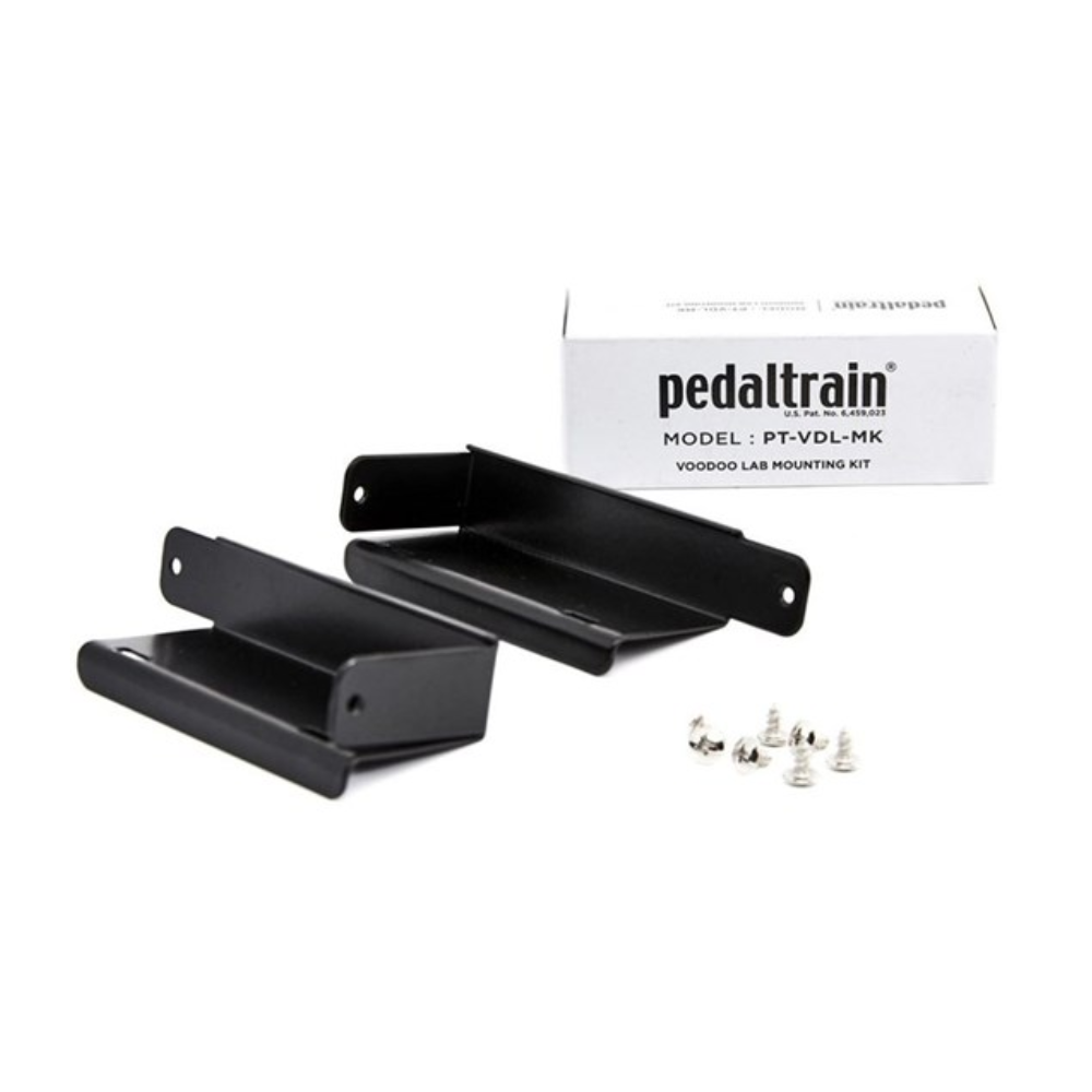 Pedaltrain Voodoo Lab Power Supply Bracket mounted on Pedaltrain PT-3 effect pedalboard, securing power supply.