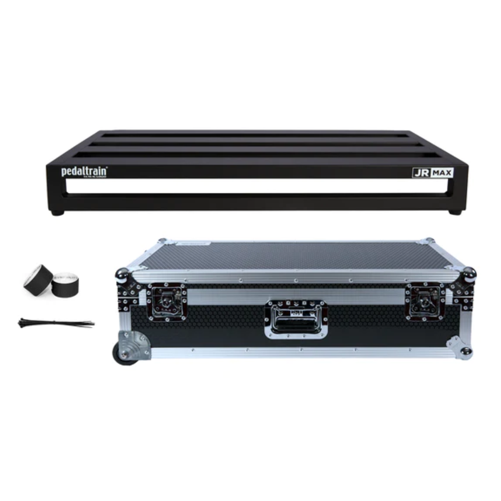 Pedaltrain Junior MAX effects pedalboard in black honeycomb with wheeled tour case, showcasing sturdy design and portability.