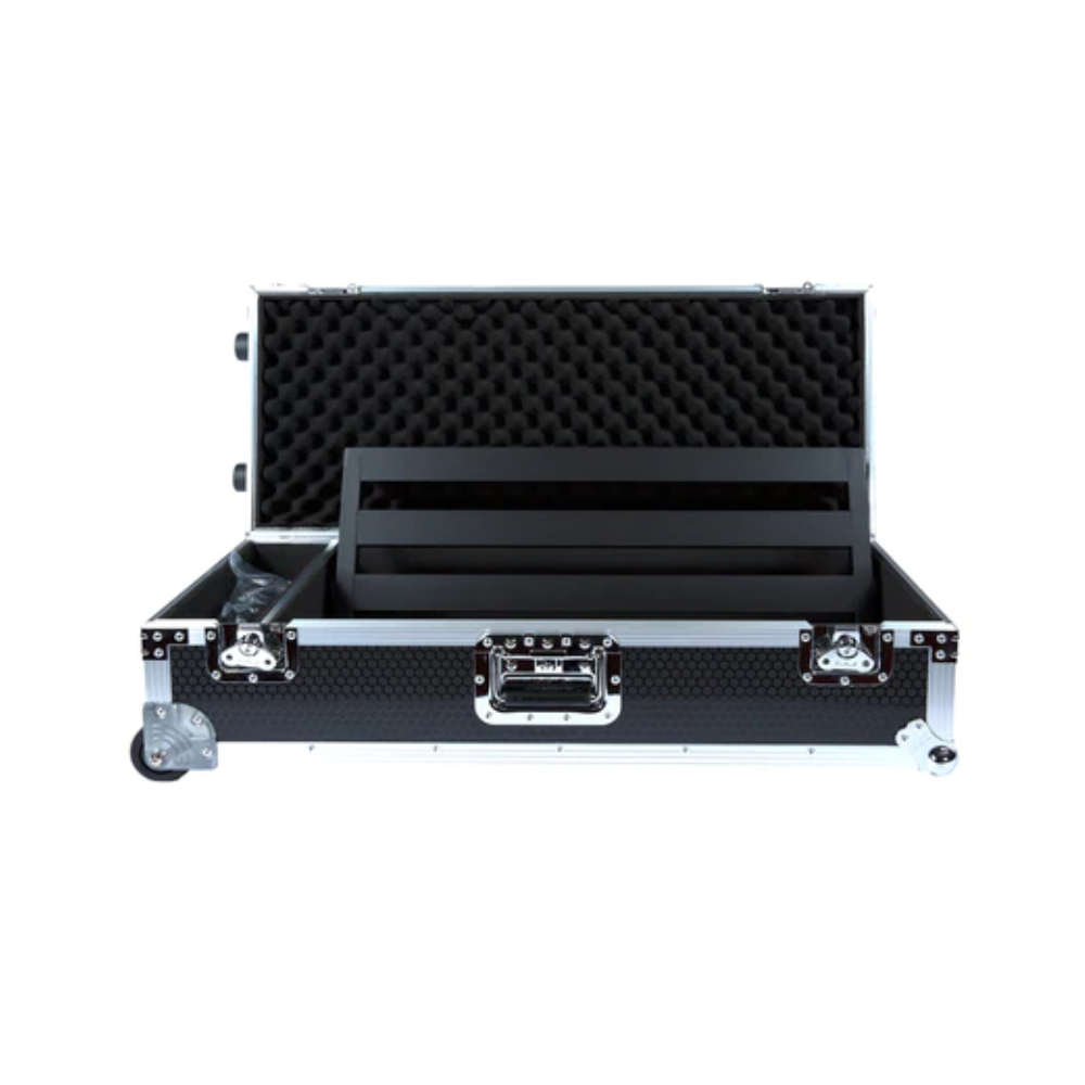 Pedaltrain Junior MAX effects pedalboard in black honeycomb with a wheeled tour case, showcasing its compact design and durability.